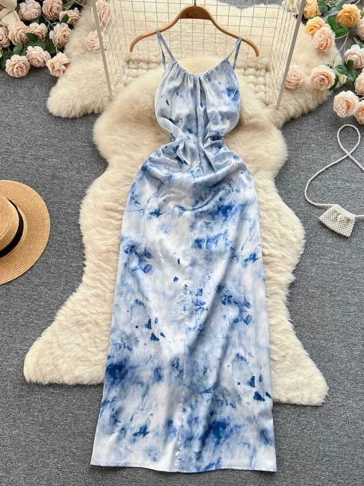 Blue Tie-dye Spaghetti Strap Summer Dress