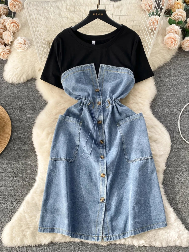 Casual Two-Tone Denim Button Front Dress