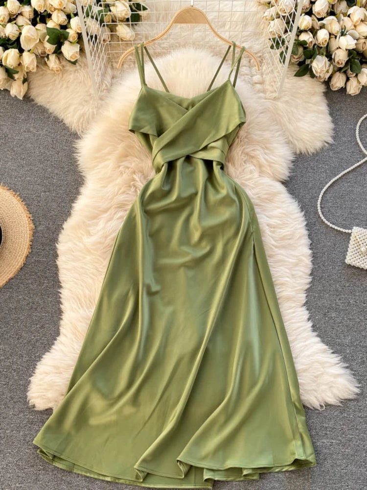 Olive green satin dress discount