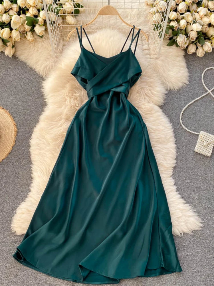 Elegant Olive Green Satin Slip Dress on Luulla