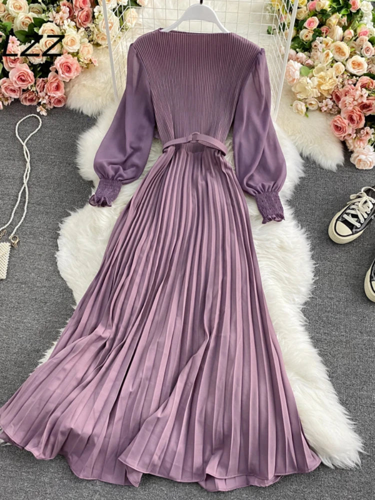 open lace back dress PLEATED LONG SLEEVE WAIST TIE MAXI DRESS  JULIA JORDAN