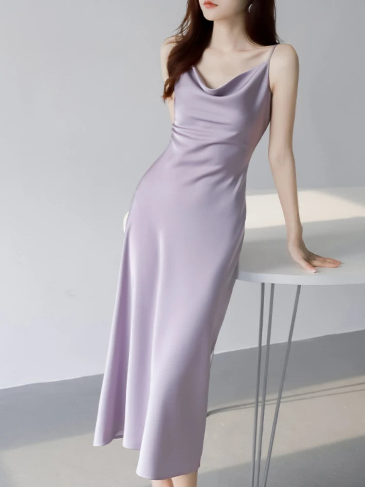 lavender satin slip dress Rhea Purple Satin Strapless Maxi Dress - US 14