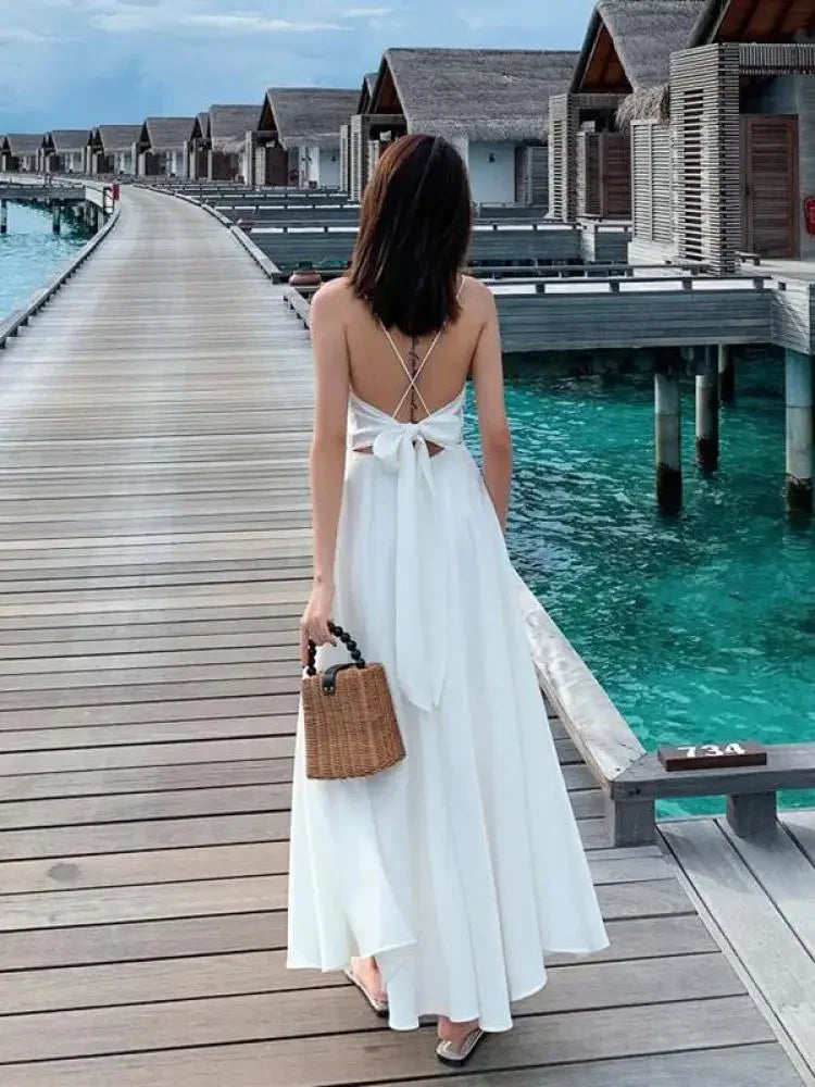 White Backless Maxi Dress With Bow Tie