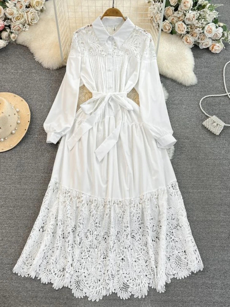Elegant White Lace Long Sleeve Maxi Dress