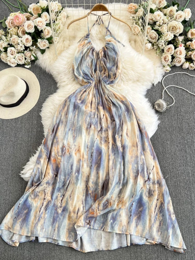 tie dye halter dress Tahiti Tie-Dye Black/Bone / M/L When the dress code calls for cocktail Chic Modest Cotton Denim Halter