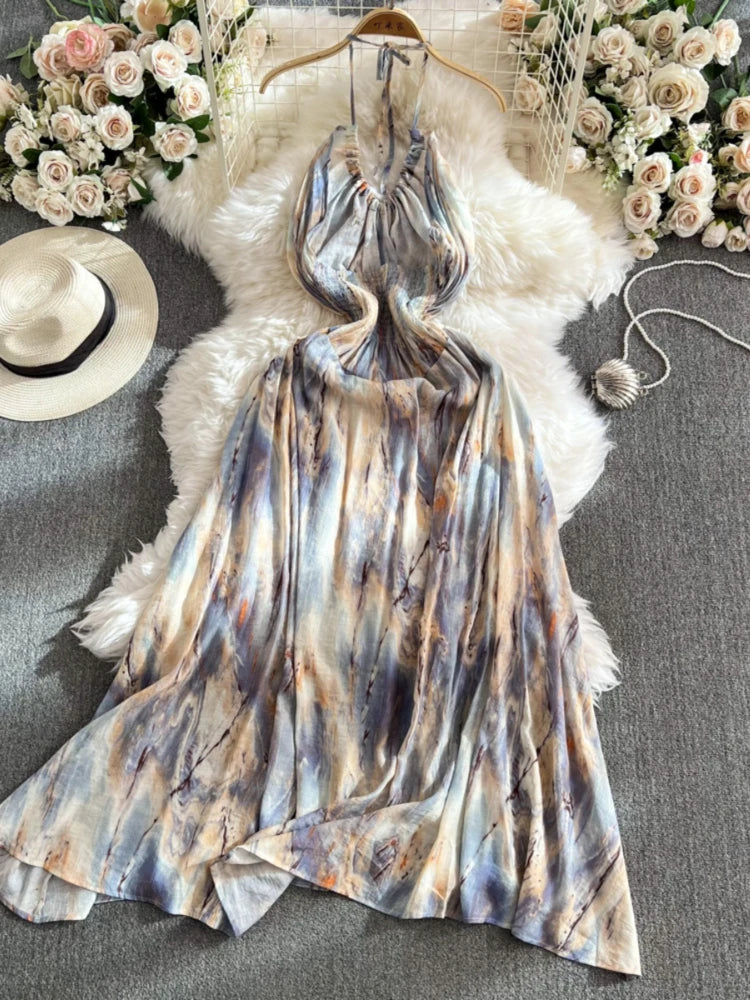 Elegant Tie-dye Halter Maxi Dress For Women
