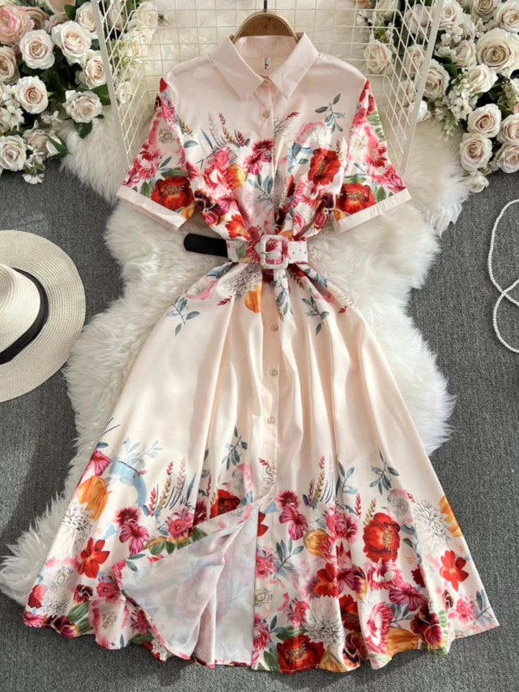 blue dress for baby girl Belted Floral A Line Midi Dress main image 0
