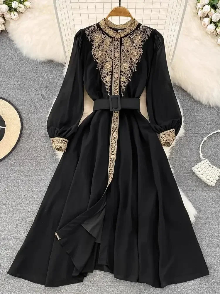 Black long sleeve dress with gold embroidery best sale