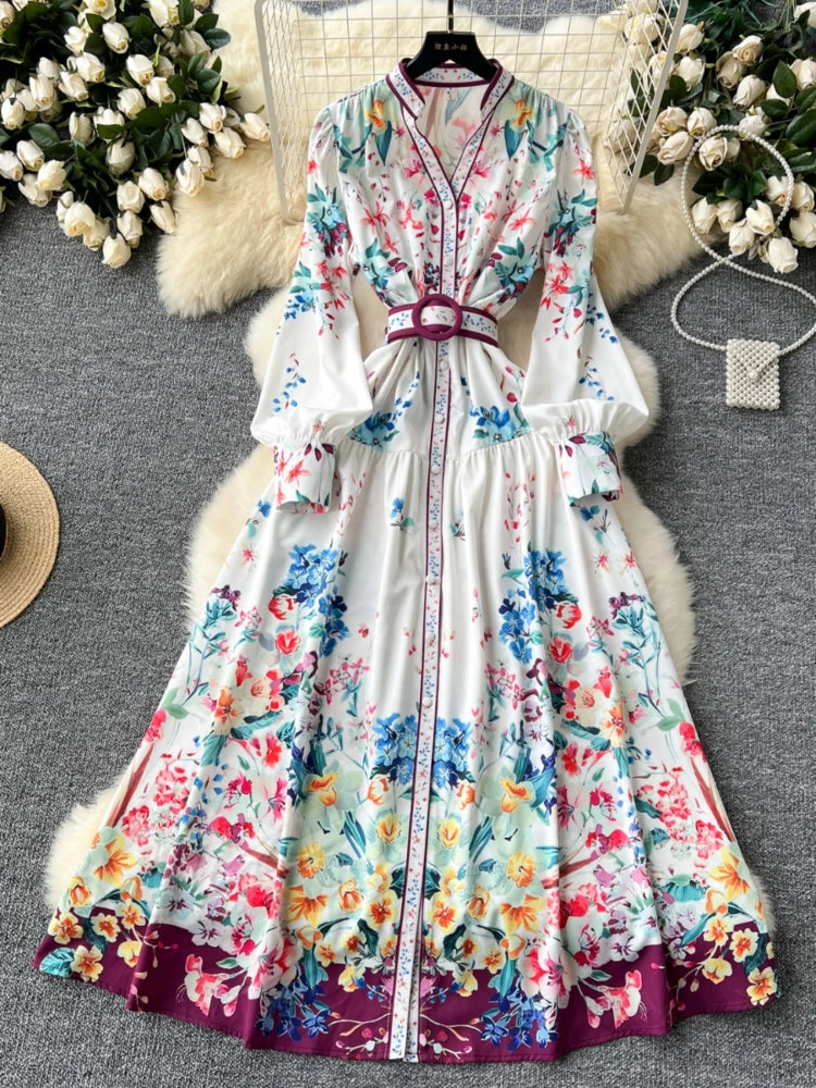 Floral Long Sleeve Belted Maxi Dress