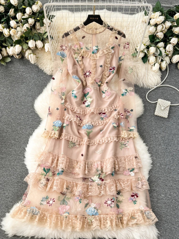 Elegant Floral Embroidered Mesh Lace Maxi Dress