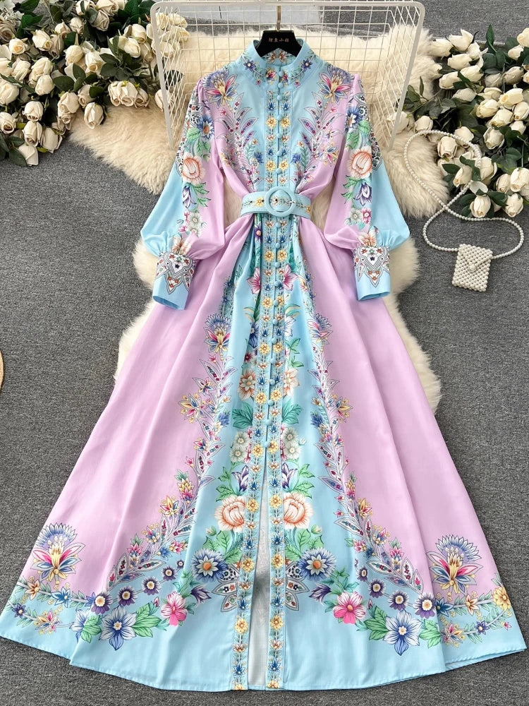 Elegant Embroidered Floral Maxi Dress With Belt