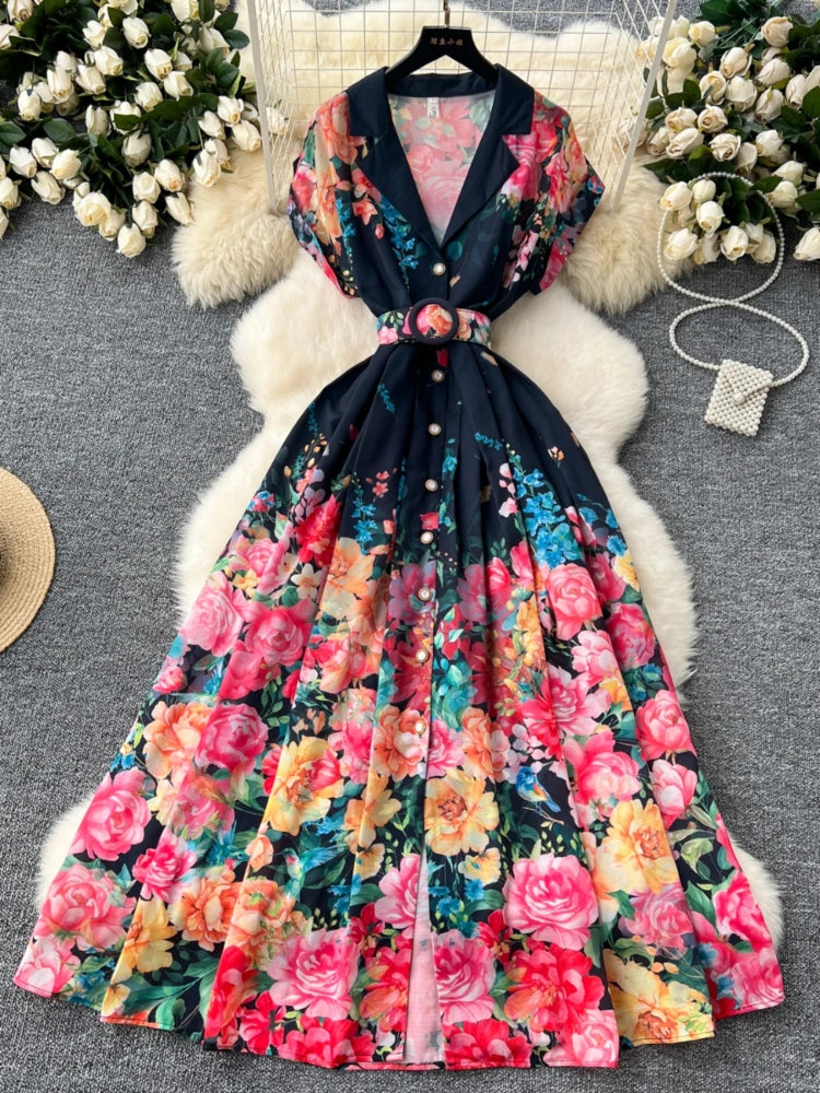 Short Sleeve Floral Maxi Dress with V-Neck Belted Casual Midi Dresses 2025 Spring Summer Dresses 2025