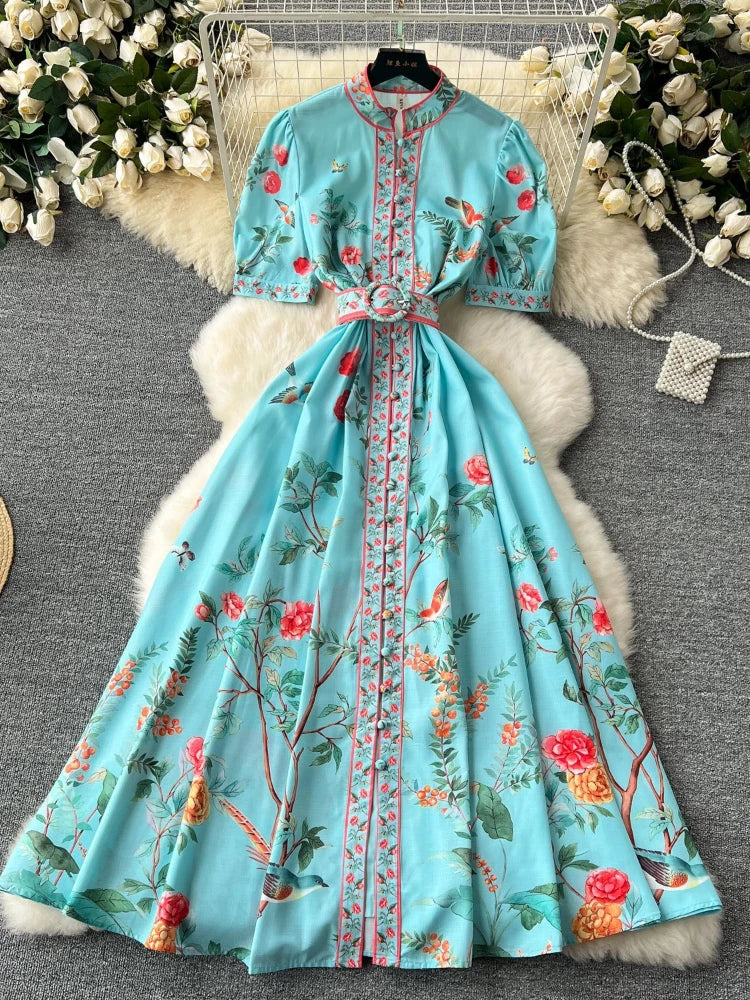 blue dress with bird print Blue Zigzag Crochet Side Waist Cut Out Midi Dress main image 1