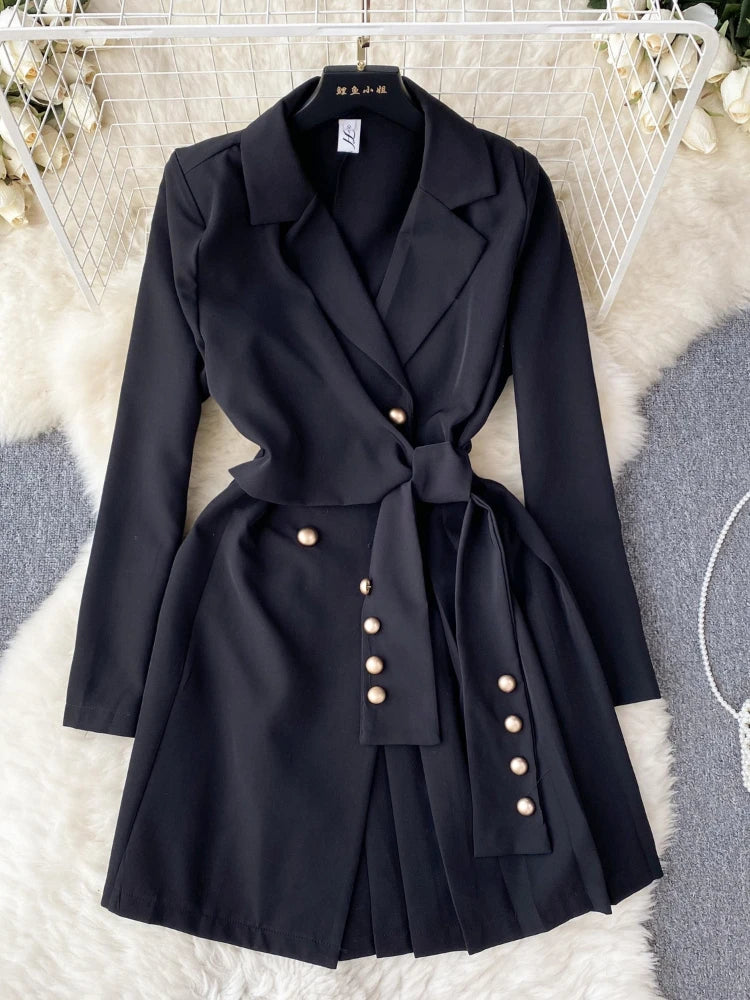 long sleeve belted blazer dress Elegant Black Long-sleeve Belted Blazer Dress