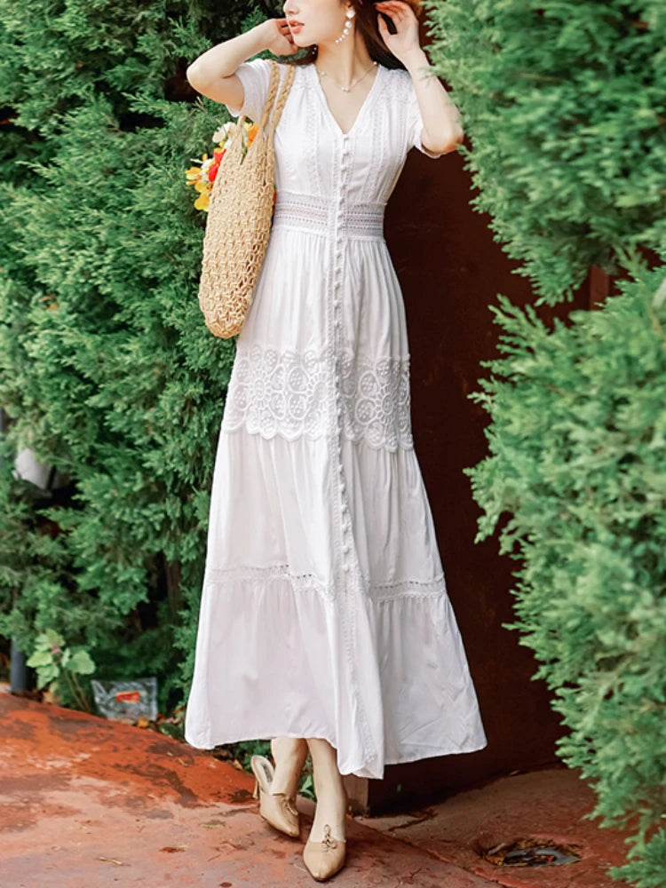 White Bohemian Button-Down Lace Maxi Dress White Bohemian Button-down Lace Maxi Dress on Luulla