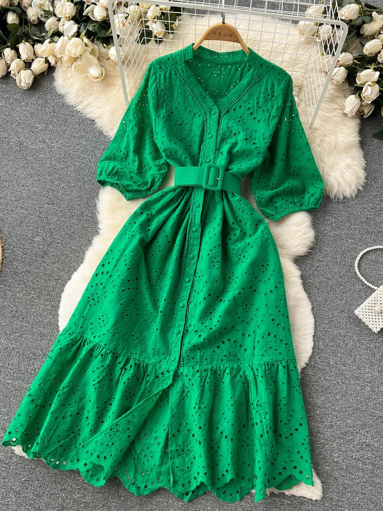 Green Eyelet Belted Midi Dress With Sleeves