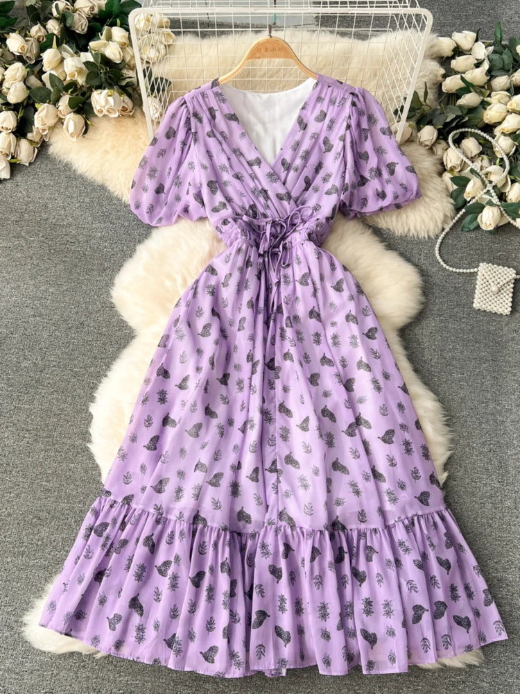 Lavender Butterfly Print Summer Maxi Dress
