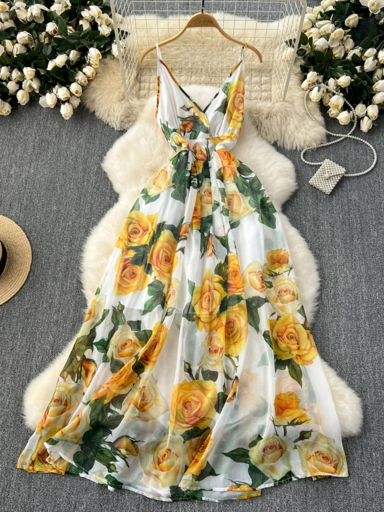 Floral Yellow Sleeveless Maxi Dress for Women, Casual Midi Dresses 2025 Spring Summer Dresses 2025