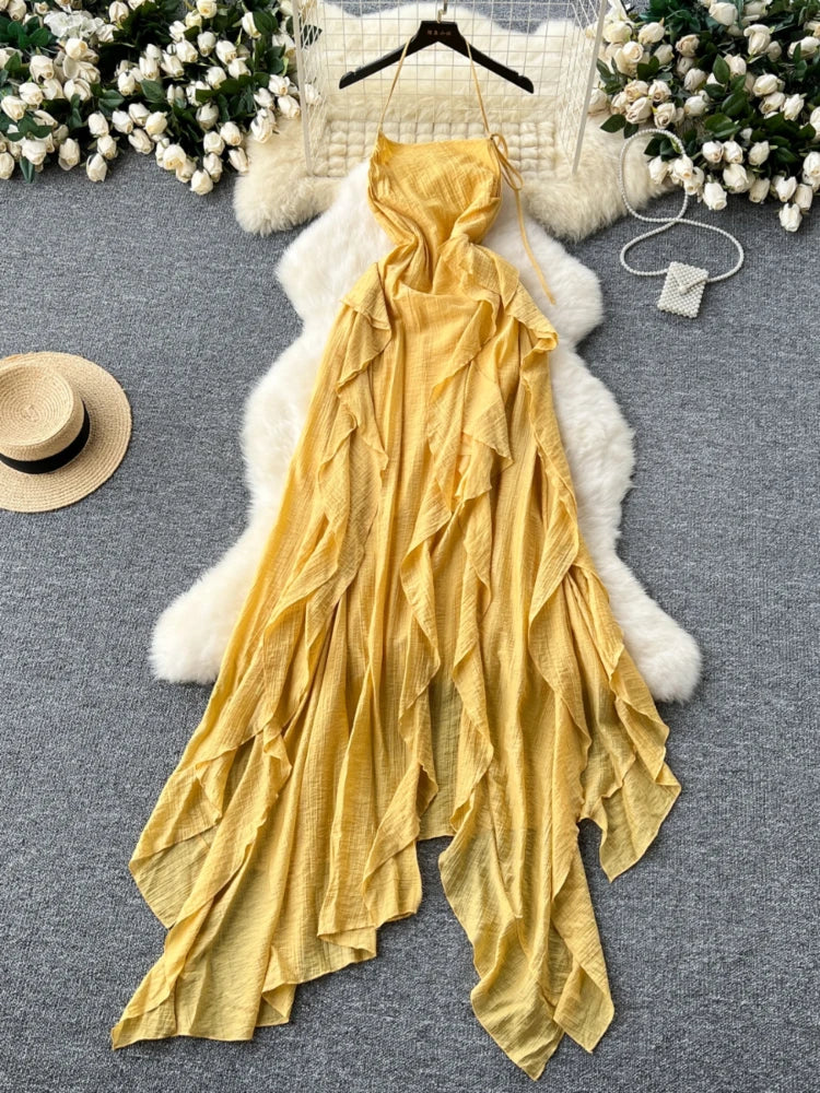 Elegant Yellow Ruffled Maxi Halter Summer Dress