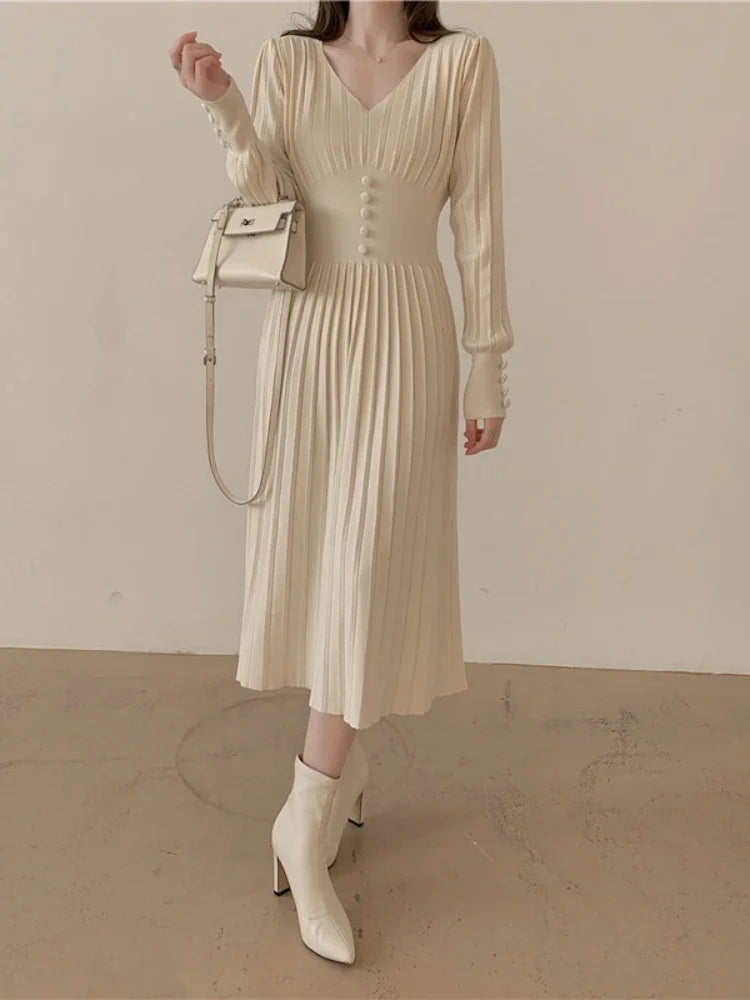 Elegant Pleated Long Sleeve Midi Dress Ivory on Luulla
