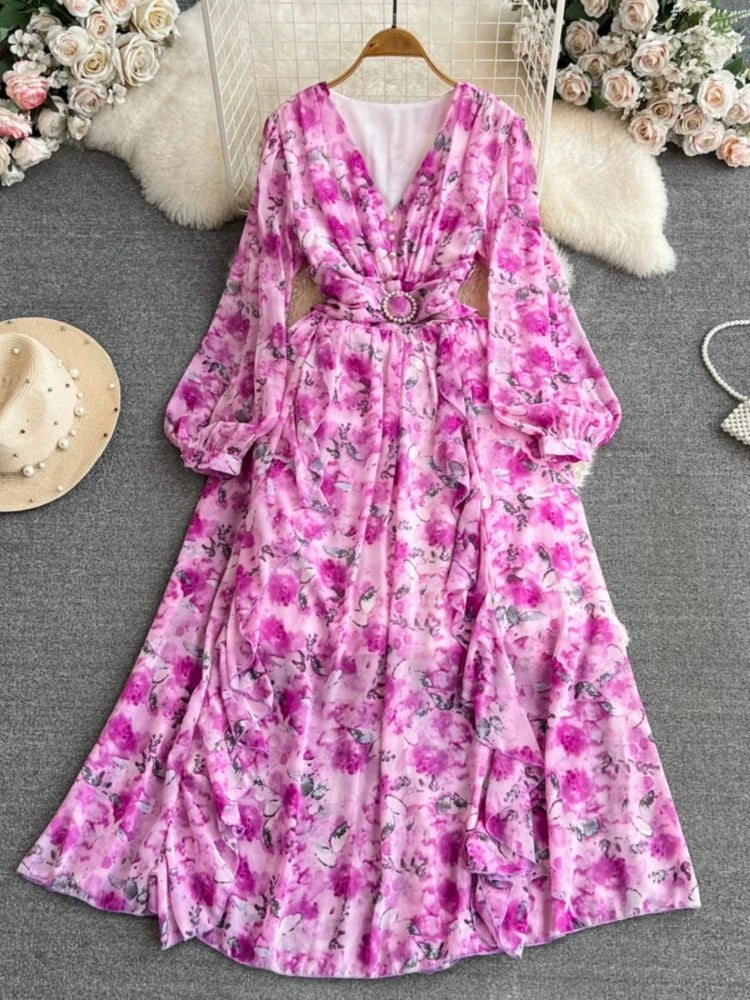 pink spring dresses 2025 Floral Pink Long Sleeve Maxi Dress Casual Midi Dresses 2025 Spring Summer Dresses 2025