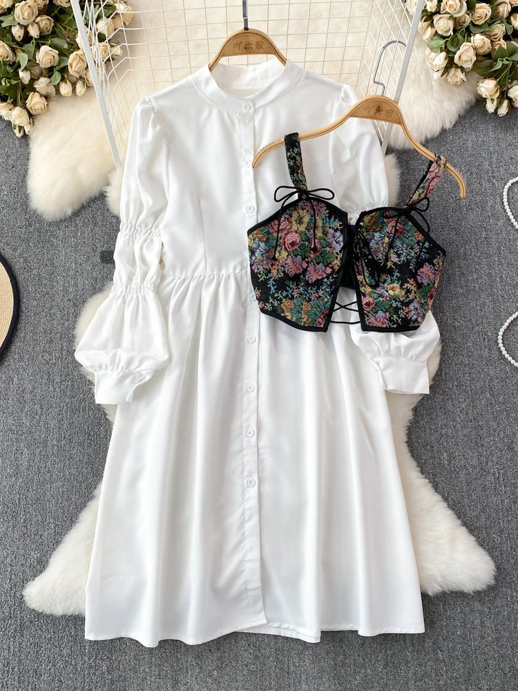 white button down dress with corset Long Sleeve Button Corset Tie Detail Shirt Dress In White | EGO US