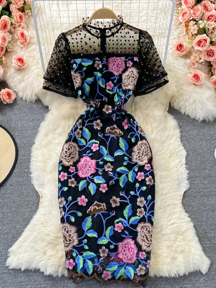 Floral Embroidered Sheer Mesh Sleeve Midi Dress