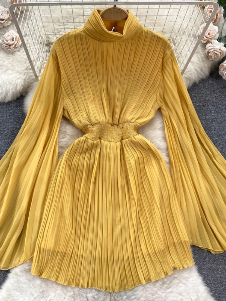Elegant Mustard High Neck Pleated Midi Dress on Luulla
