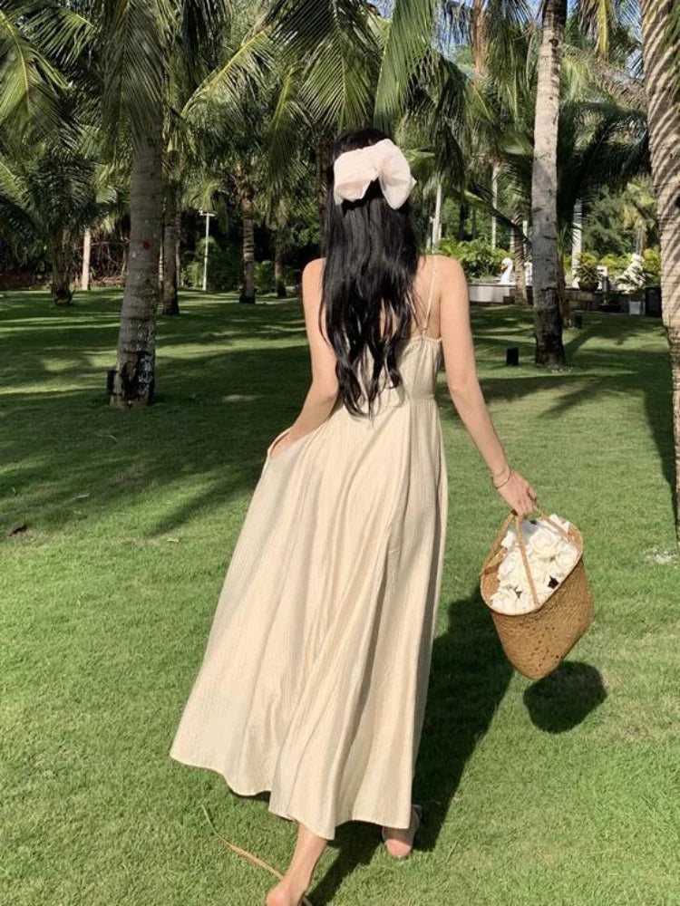 Elegant Beige Spaghetti Strap Summer Beach Dress on Luulla
