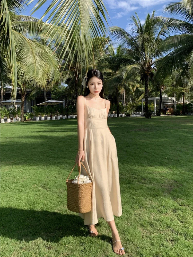 Elegant Beige Spaghetti Strap Summer Beach Dress on Luulla