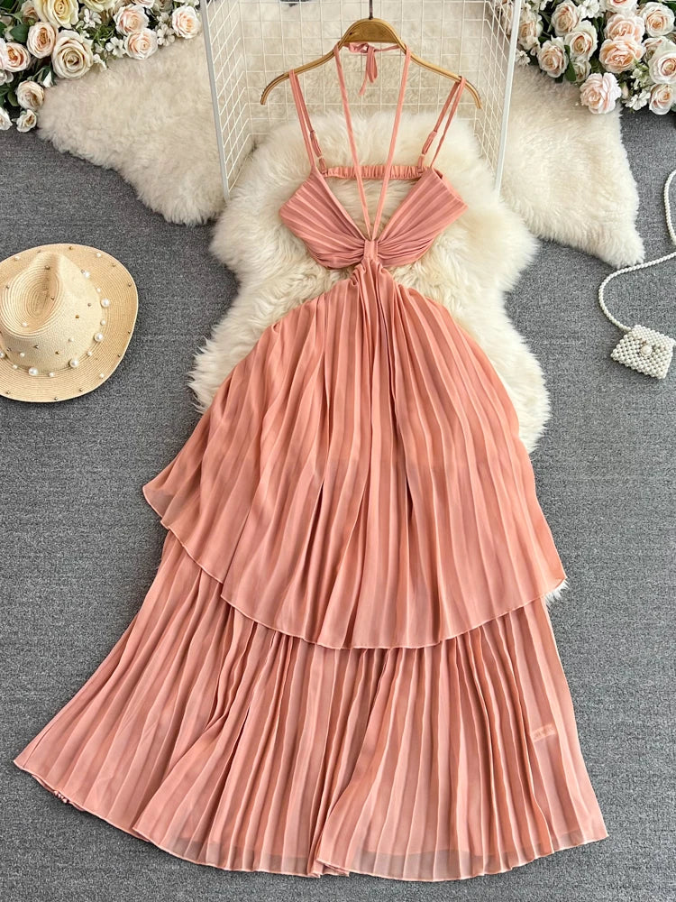 pink pleated halter dress Pink Pleated Halter Dress