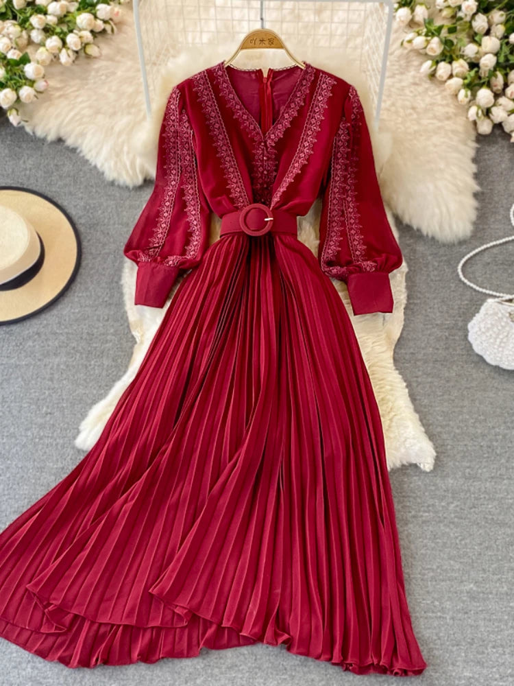 Red long sleeve pleated dress sale