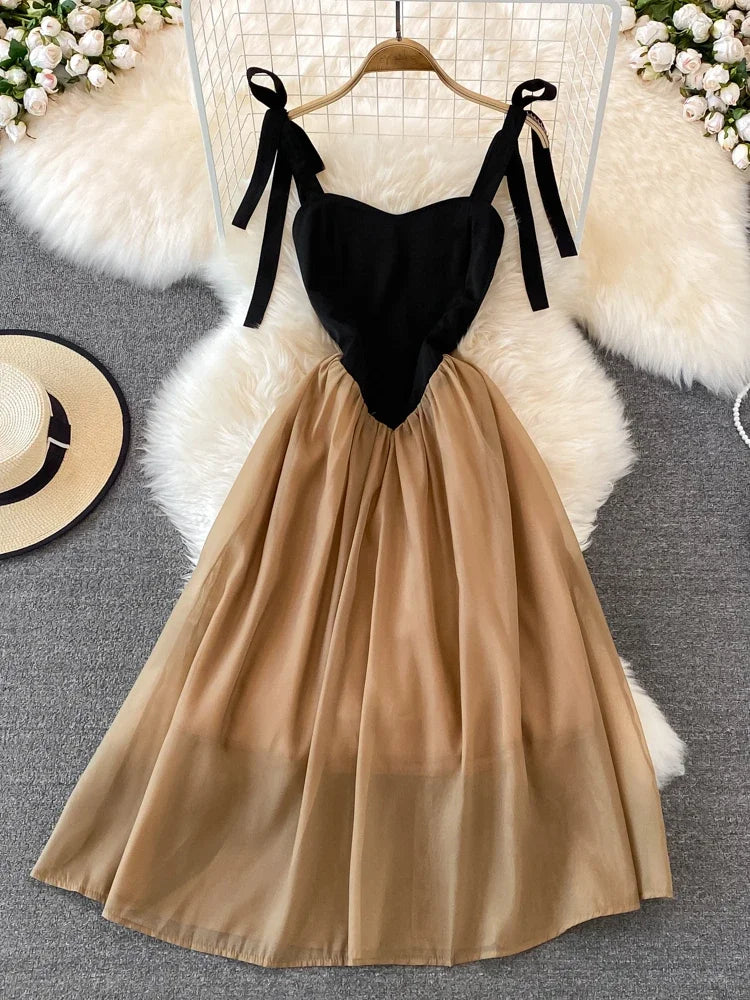 Elegant Two-tone Midi Dress With Tie Straps