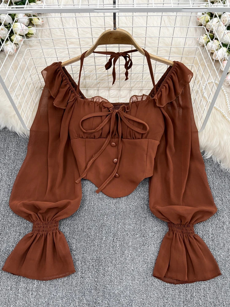 トップス Bell frill knit tops brown Boho Long Sleeve Off-shoulder Crop Top on Luulla