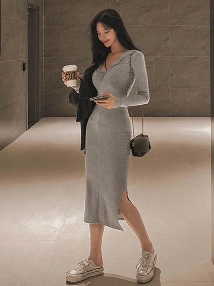 casual grey maxi dress Ribbed Knit Maxi Dress