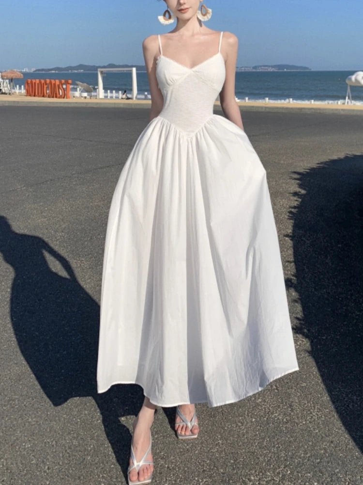 Elegant White Spaghetti Strap Maxi Beach Dress