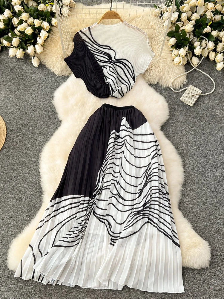 Elegant Ruffled Top and Pleated Skirt