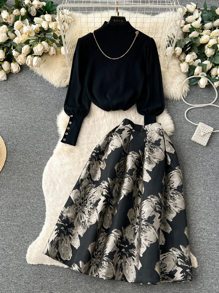 Elegant Black Floral Skirt And Top Set