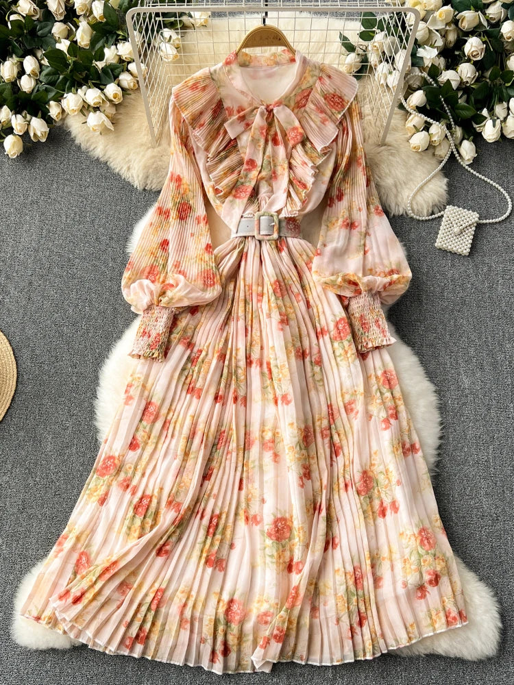 Vintage Floral Long Sleeve Pleated Maxi Dress