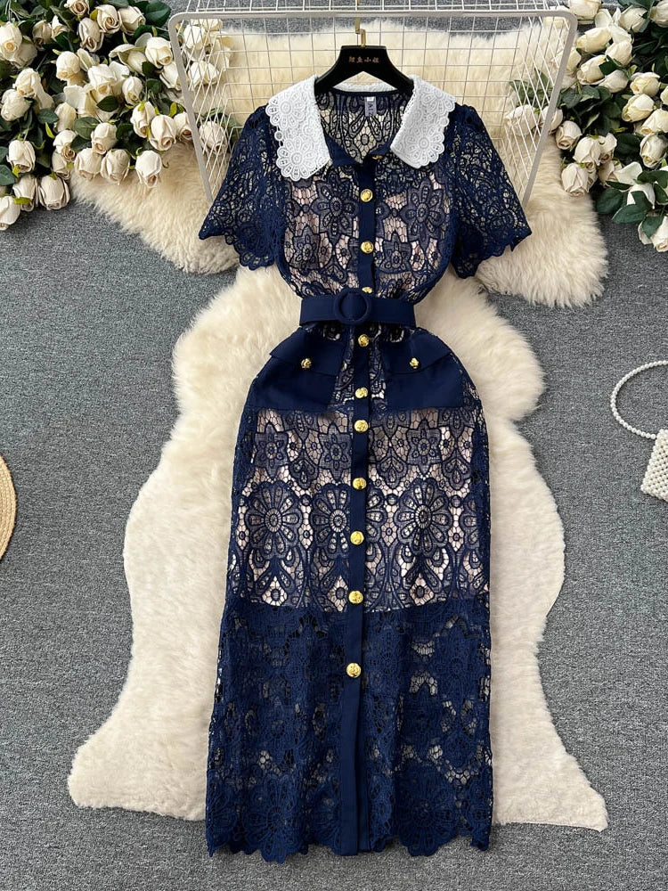 Navy blue lace dress midi online