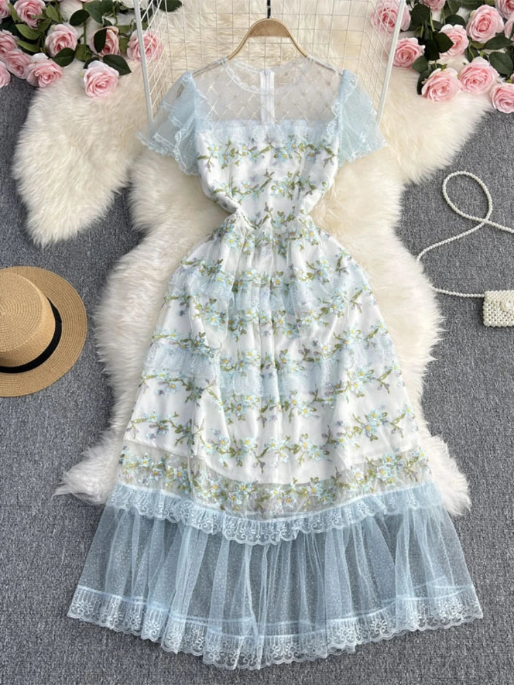 knee length dresses for ladies Light Pink Floral Mesh Overlay Twisted Strap Midi Dress main image 1