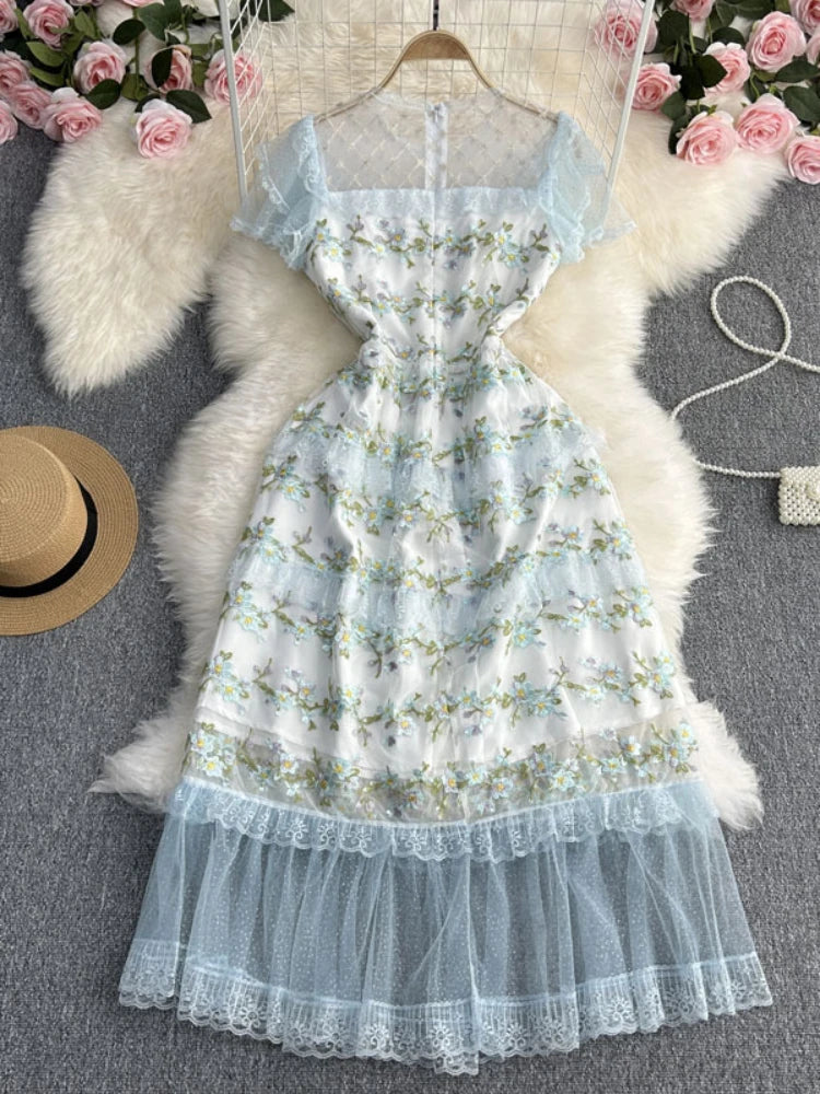 Floral Lace Mesh Overlay Midi Dress