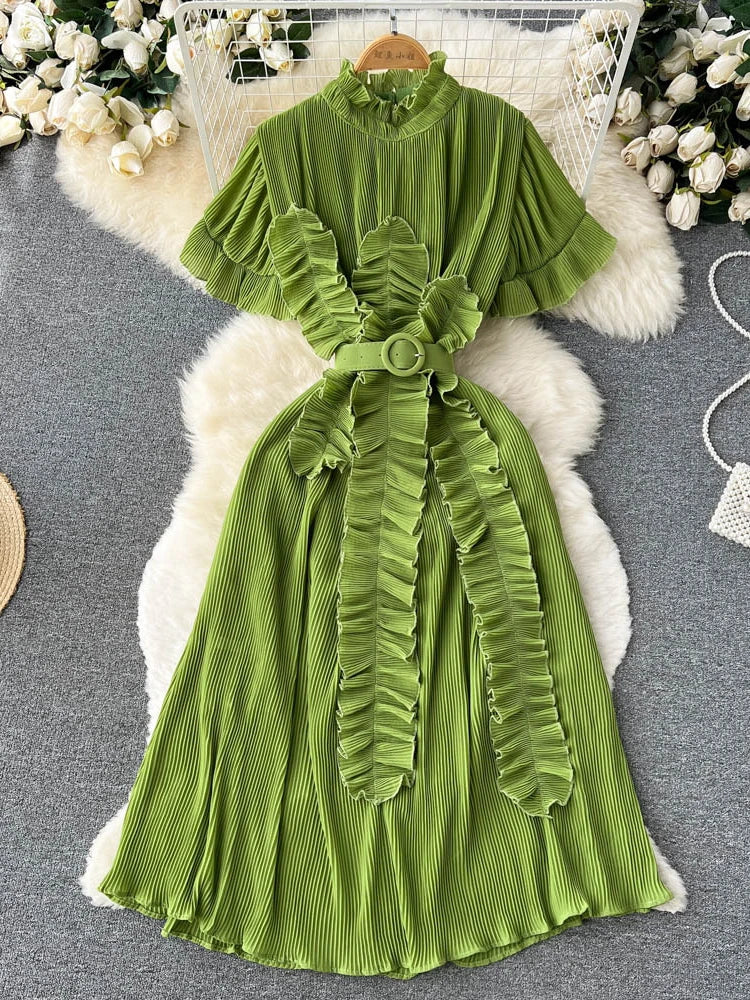Elegant Green Pleated Midi Dress With Belt on Luulla