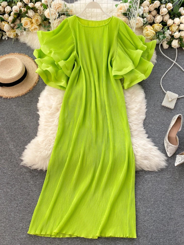 green frill sleeve dress Hunter Green Ruffle Button Up Detail Short Puff Sleeve Dress *FINAL SA –  SSYS main image 1