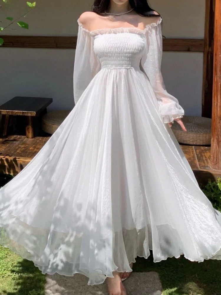Stylegoing Elegant Off Shoulder White Chiffon Maxi Dress
