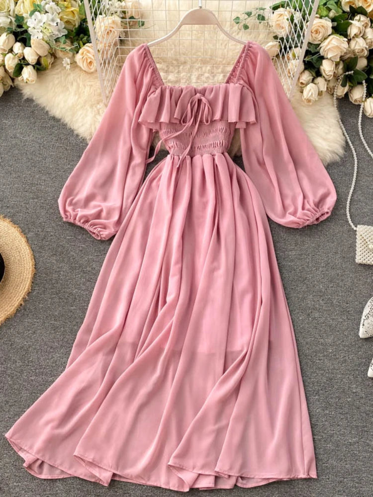 pink long sleeve ruffle dress Fashion Hot Pink Deep V-Neck Tie-Up Ruffle Dress with Long Sleeve