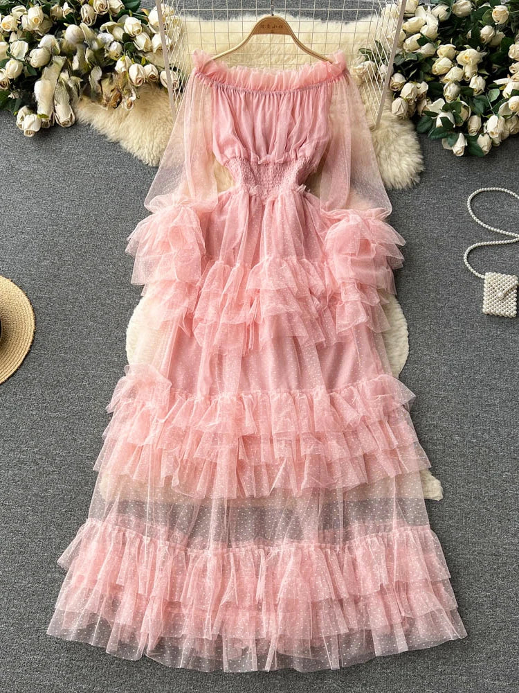Elegant Pink Ruffle Layered Off Shoulder Dress