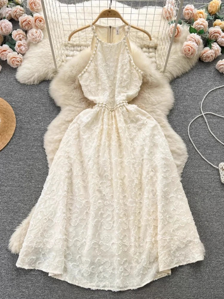 Elegant Ivory Lace Halter Neck Midi Dress on Luulla