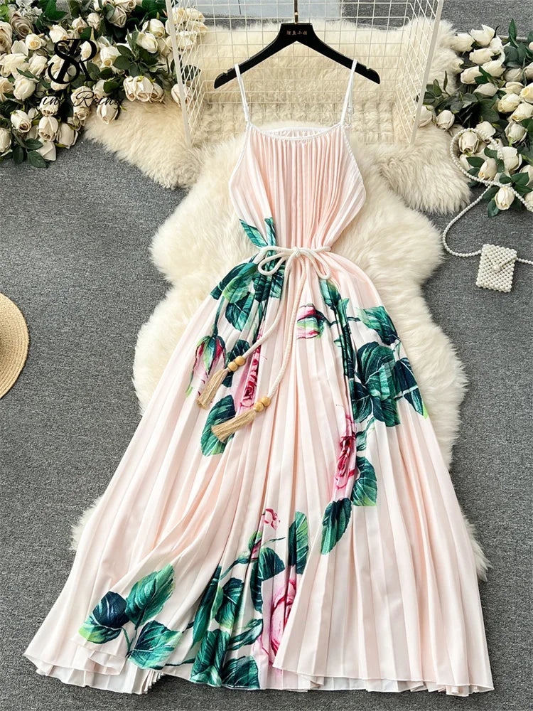 Floral Print Pleated Summer Maxi Dress