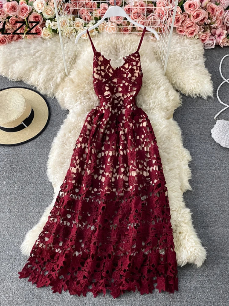 Red lace midi dress spaghetti straps outlet